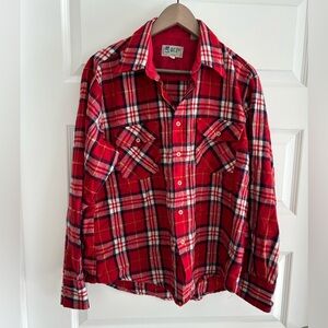 Vintage 70s Acrylic Flannel Plaid Shirt Red Blue Size L